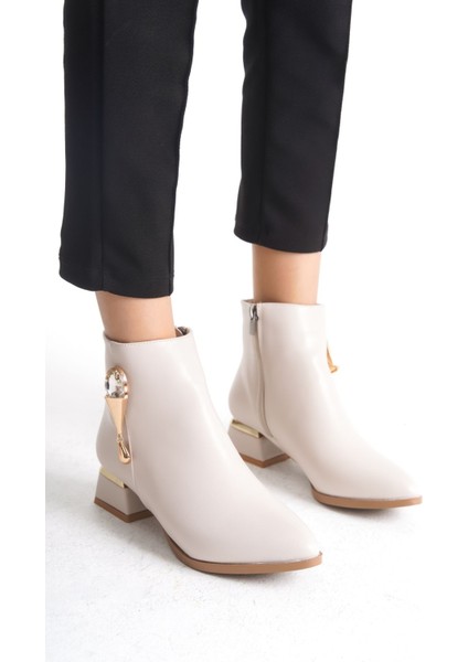 Kısa Topuklu Fermuarlı Metalli Taş Detaylı Kadın Bot Bootie fiyatları