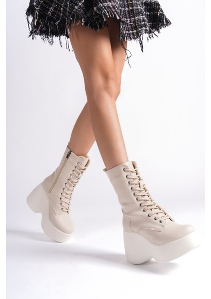 Krem Cilt Yandan Fermuarlı Bağcıklı Yüksek Dolgu Topuklu Mevsimlik Kadın Uzun Bot Bootie