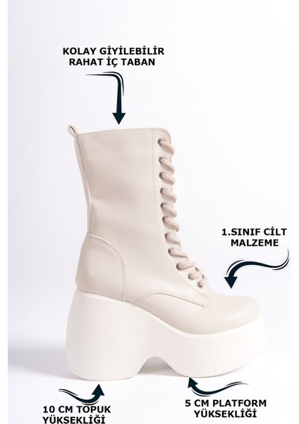Krem Cilt Yandan Fermuarlı Bağcıklı Yüksek Dolgu Topuklu Mevsimlik Kadın Uzun Bot Bootie fiyatları
