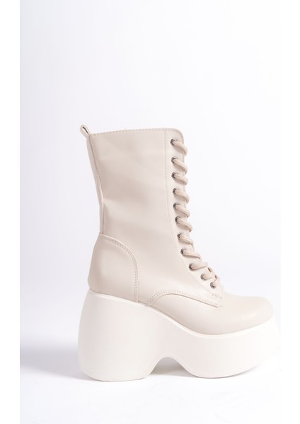 Krem Cilt Yandan Fermuarlı Bağcıklı Yüksek Dolgu Topuklu Mevsimlik Kadın Uzun Bot Bootie fırsatları
