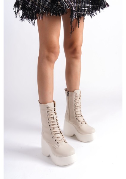 Krem Cilt Yandan Fermuarlı Bağcıklı Yüksek Dolgu Topuklu Mevsimlik Kadın Uzun Bot Bootie indirimleri