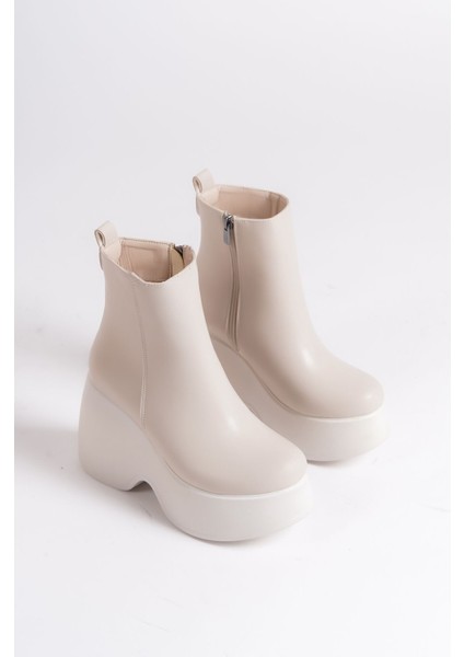 Krem Deri Görünümlü Cilt Yandan Fermuarlı Yüksek Dolgu Topuklu Mevsimlik Kadın Kısa Bot Bootie fırsatları