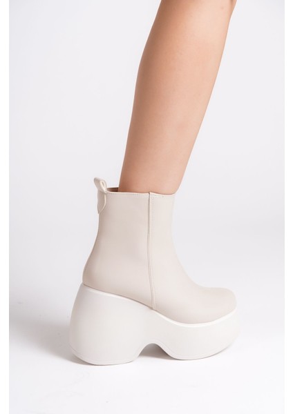 Krem Deri Görünümlü Cilt Yandan Fermuarlı Yüksek Dolgu Topuklu Mevsimlik Kadın Kısa Bot Bootie indirimleri
