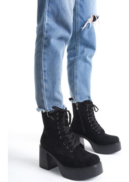 Yandan Fermuarlı Bağcıklı Yüksek Kalın Topuklu Kadın Uzun Bot