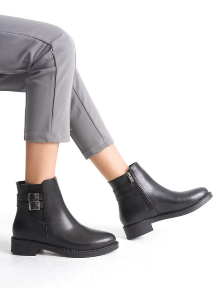 Alçak Taban Yandan Lastik ve Fermuarlı Çift Toka Detaylı Kadın Bot Bootie fiyatları