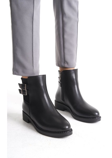 Alçak Taban Yandan Lastik ve Fermuarlı Çift Toka Detaylı Kadın Bot Bootie modelleri