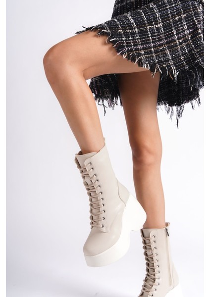 Krem Cilt Yandan Fermuarlı Bağcıklı Yüksek Dolgu Topuklu Mevsimlik Kadın Uzun Bot Bootie modelleri
