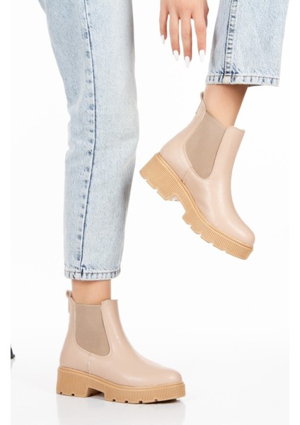 Çift Taraf Nut Lastikli Deri Görünümlü Günlük Düz Kadın Kısa Bot Bootie