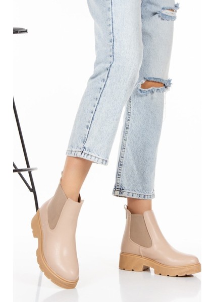 Çift Taraf Nut Lastikli Deri Görünümlü Günlük Düz Kadın Kısa Bot Bootie fiyatları