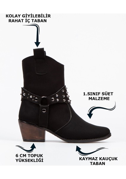 El Yapımı Sivri Metal Detaylı Siyah Topuklu Süet Kadın Kısa Çekme Kovboy Bot Bootie fiyatları