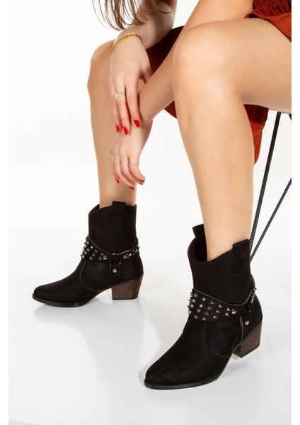 El Yapımı Sivri Metal Detaylı Siyah Topuklu Süet Kadın Kısa Çekme Kovboy Bot Bootie modelleri