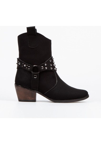 El Yapımı Sivri Metal Detaylı Siyah Topuklu Süet Kadın Kısa Çekme Kovboy Bot Bootie indirimleri
