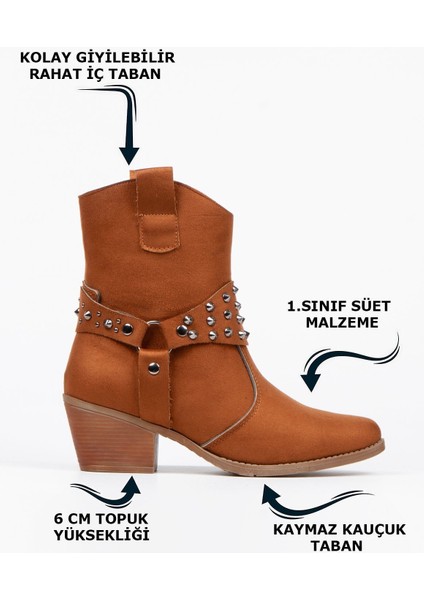 El Yapımı Sivri Metal Detaylı Taba Topuklu Süet Kadın Kısa Çekme Kovboy Bot Bootie fiyatları
