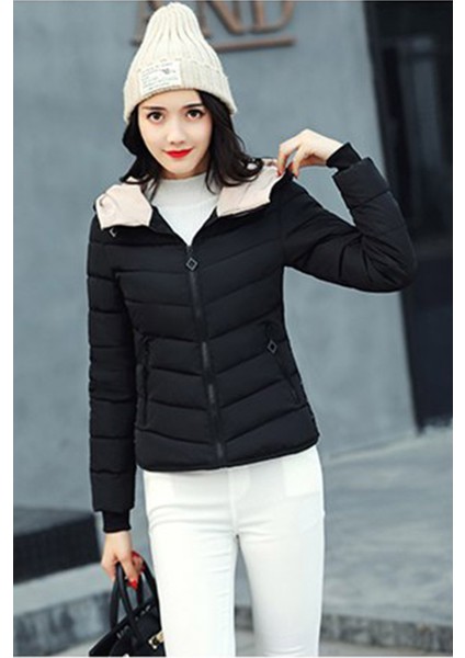 Kışlık Kapüşonlu Kısa Kadın Şişme Mont