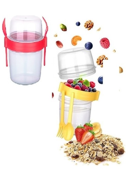 Çift Hazneli - Çatal Kaşıklı Portatif Müsli - Atıştırmalık Kabı 500 ml