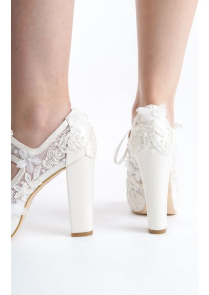 Bağcıklı Tül El Yapımı Platform Yüksek Kalın Topuk Kadın Gelinlik Düğün Nikah Nişan Abiye Ayakkabı fiyatları