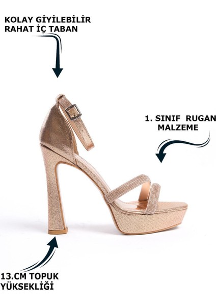 Gold Parlak Taşlı Iki Şeritli Tokalı Ince Yüksek Topuklu Kadın Abiye Ayakkabı fiyatları