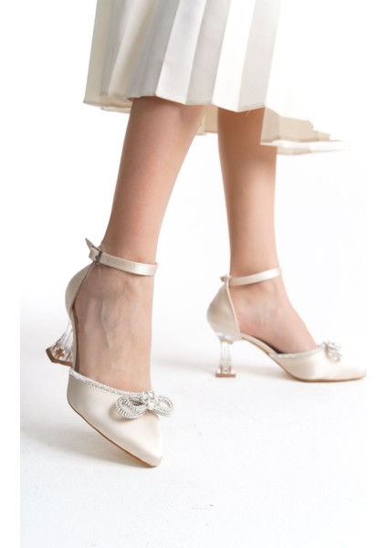 Bilekten Tokalı Saten Fiyonk Şeritli Şeffaf Yüksek Topuklu Kadın Abiye Ayakkabı