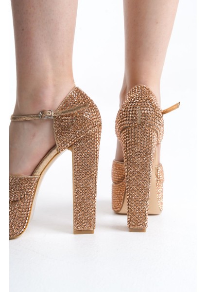 Özel Taş Kaplamalı Platform Yüksek Topuk Kadın Düğün Nikah Nişan Orta Kalın Topuklu Abiye Ayakkabı modelleri