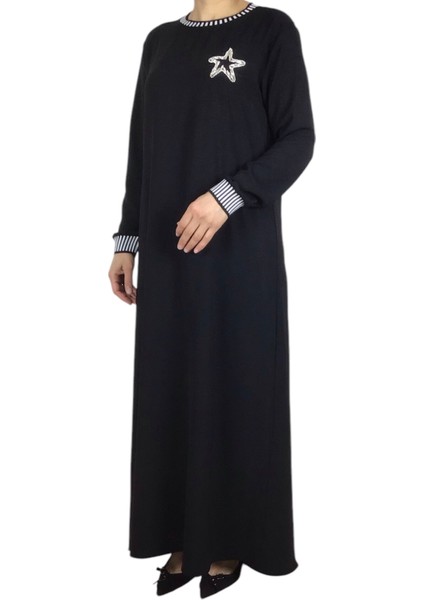 Kadın Yaka ve Kolağzı Şeritli Ribanalı Ayrobin Elbise