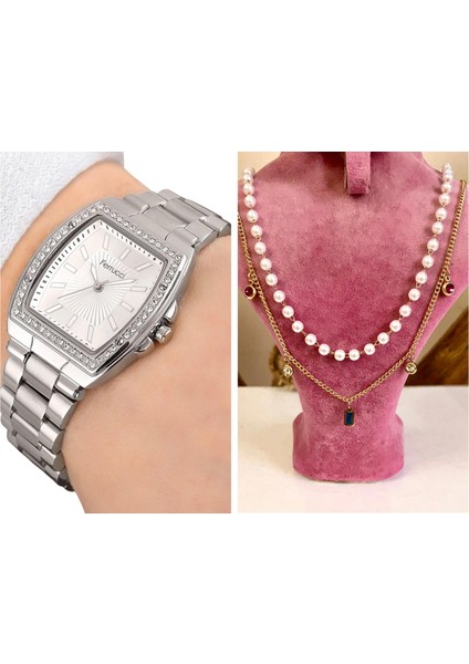 Kare Kadran Çelik Kadın Kol Saati Çelik Kolye Hediye Set