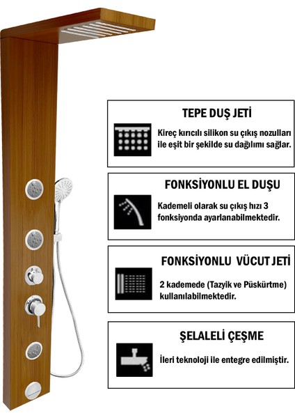 Venüs Teak Ağacı Masajlı Duş Paneli - Dikey Jakuzi - Robot Duş - El Duşu - Lüx Duş