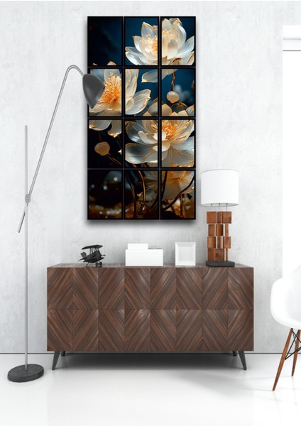 12 Parça Beyaz Çiçekler Çerçeve Görünümlü Mdf Tablo Duvar Süsü Hediyelik Eşya (45 cm x 85 cm )