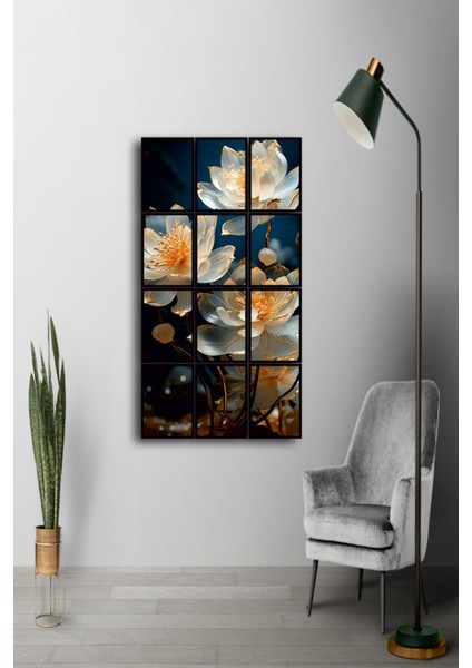 12 Parça Beyaz Çiçekler Çerçeve Görünümlü Mdf Tablo Duvar Süsü Hediyelik Eşya (45 cm x 85 cm )