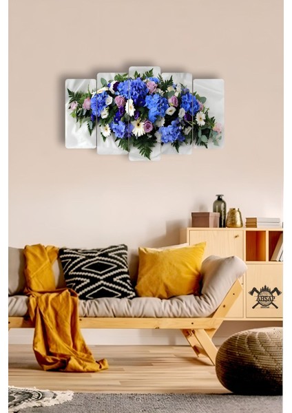 Çiçekler Mavi 5 Parçalı Mdf Tablo Hediyelik Eşya