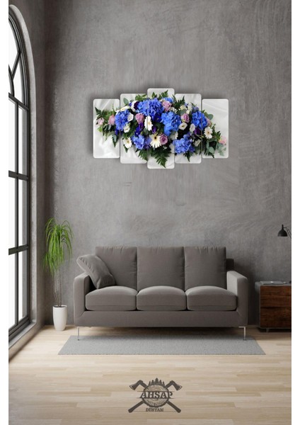 Çiçekler Mavi 5 Parçalı Mdf Tablo Hediyelik Eşya