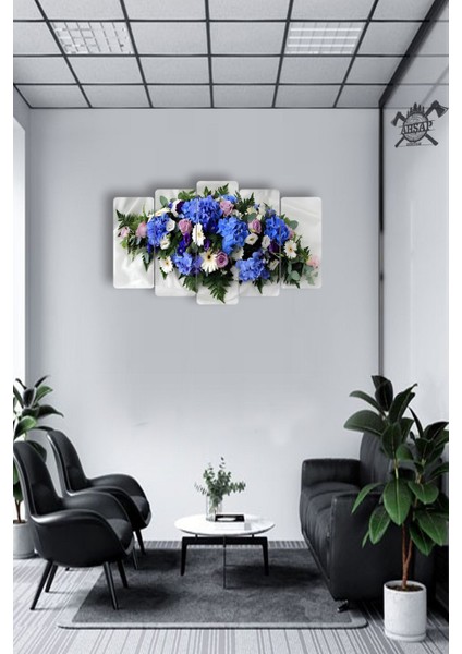 Çiçekler Mavi 5 Parçalı Mdf Tablo Hediyelik Eşya