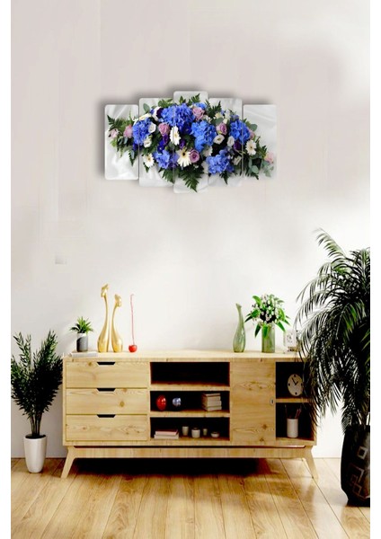 Çiçekler Mavi 5 Parçalı Mdf Tablo Hediyelik Eşya