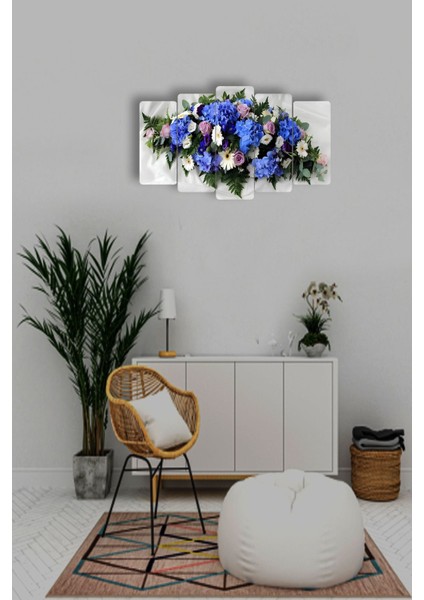 Çiçekler Mavi 5 Parçalı Mdf Tablo Hediyelik Eşya