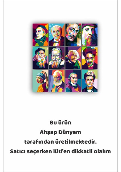 12 Parça Sanatçı ve Bilim Insanları Resimleri Çerçeve Görünümlü Mdf Tablo Duvar Süsü Hediyelik