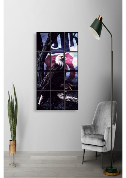12 Parça Kartal Duruş Çerçeve Görünümlü Mdf Tablo Duvar Süsü Hediyelik Eşya (45 cm x 85 cm )