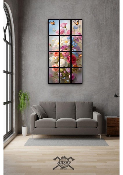 12 Parça Çiçek Uyumu Çerçeve Görünümlü Mdf Tablo Duvar Süsü Hediyelik Eşya (45 cm x 85 cm )