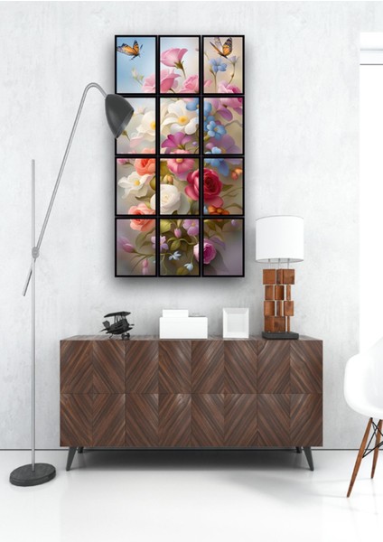 12 Parça Çiçek Uyumu Çerçeve Görünümlü Mdf Tablo Duvar Süsü Hediyelik Eşya (45 cm x 85 cm )