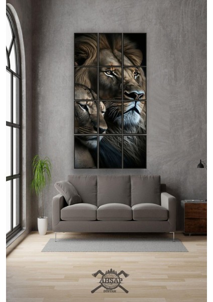 12 Parça Çift Aslan Çerçeve Görünümlü Mdf Tablo Duvar Süsü Hediyelik Eşya (45 cm x 85 cm )