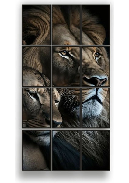 12 Parça Çift Aslan Çerçeve Görünümlü Mdf Tablo Duvar Süsü Hediyelik Eşya (45 cm x 85 cm )