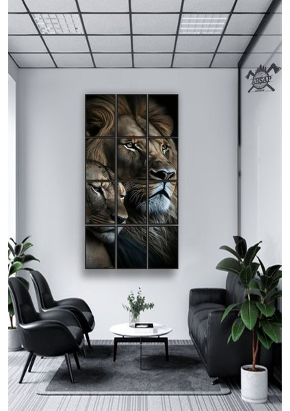 12 Parça Çift Aslan Çerçeve Görünümlü Mdf Tablo Duvar Süsü Hediyelik Eşya (45 cm x 85 cm )
