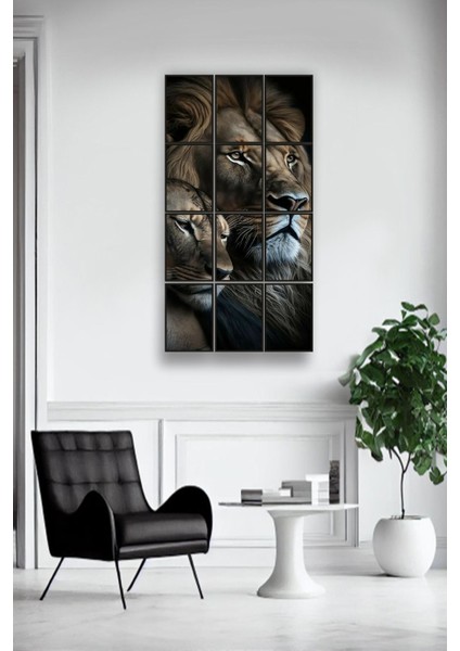 12 Parça Çift Aslan Çerçeve Görünümlü Mdf Tablo Duvar Süsü Hediyelik Eşya (45 cm x 85 cm )