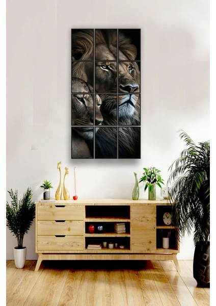 12 Parça Çift Aslan Çerçeve Görünümlü Mdf Tablo Duvar Süsü Hediyelik Eşya (45 cm x 85 cm )