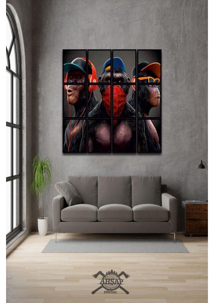 12 Parça 3maymun Çerçeve Görünümlü Mdf Tablo Duvar Süsü Hediyelik Eşya (45 cm x 85 cm )