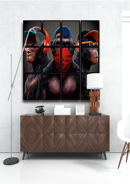 12 Parça 3maymun Çerçeve Görünümlü Mdf Tablo Duvar Süsü Hediyelik Eşya (45 cm x 85 cm )