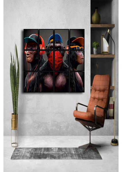 12 Parça 3maymun Çerçeve Görünümlü Mdf Tablo Duvar Süsü Hediyelik Eşya (45 cm x 85 cm )