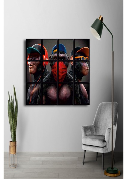 12 Parça 3maymun Çerçeve Görünümlü Mdf Tablo Duvar Süsü Hediyelik Eşya (45 cm x 85 cm )
