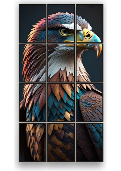 12 Parça Kartal Renkli Çerçeve Görünümlü Mdf Tablo Duvar Süsü Hediyelik Eşya (45 cm x 85 cm )