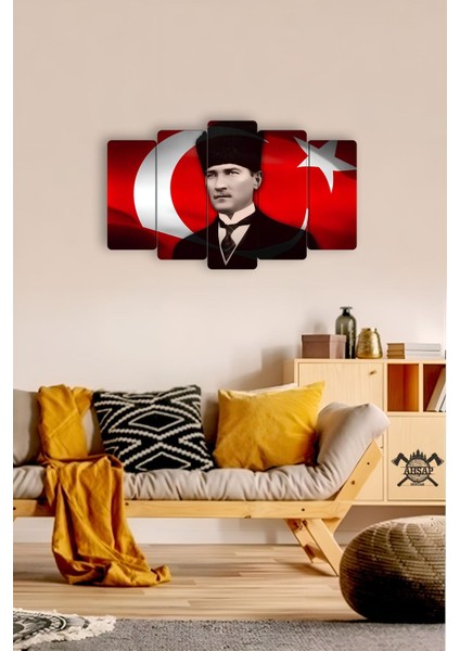 Atam Atatürk Bayrak 5 Parçalı Mdf Tablo Hediyelik Eşya