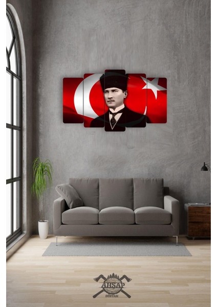Atam Atatürk Bayrak 5 Parçalı Mdf Tablo Hediyelik Eşya