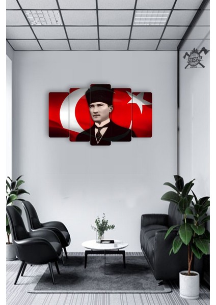 Atam Atatürk Bayrak 5 Parçalı Mdf Tablo Hediyelik Eşya